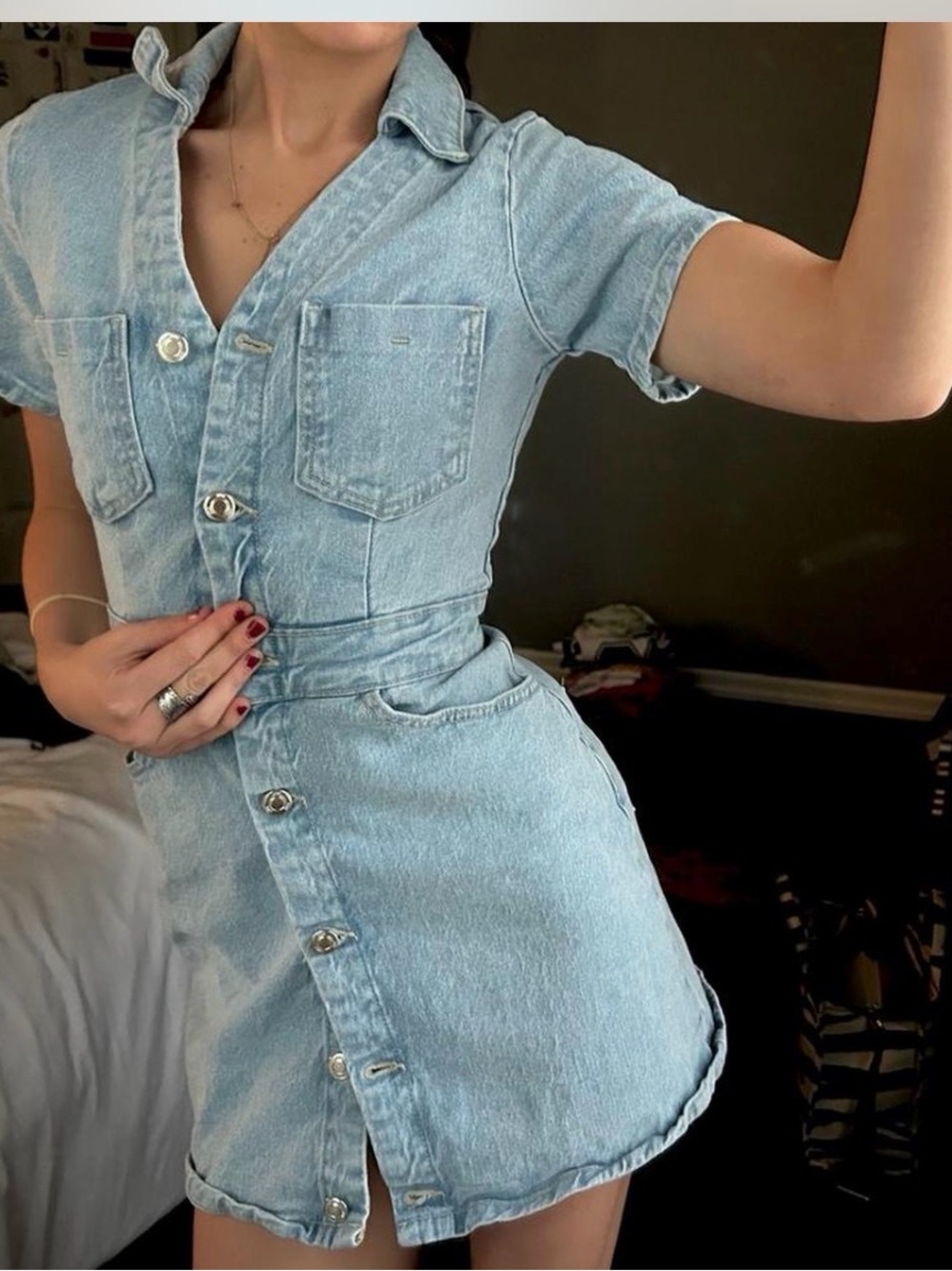 Zara Light Blue Denim Mini Shirt Dress
